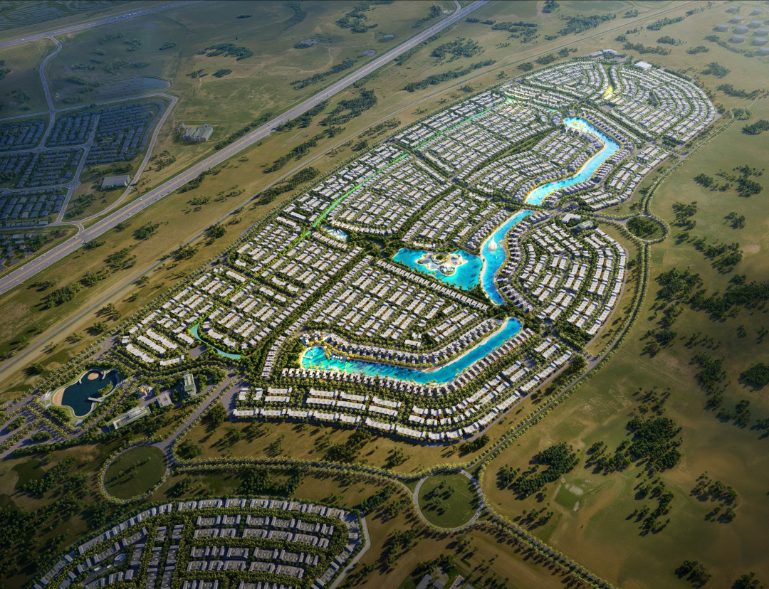 Architectural render of DAMAC Islands waterfront villas and townhouses with turquoise lagoon in Dubailand